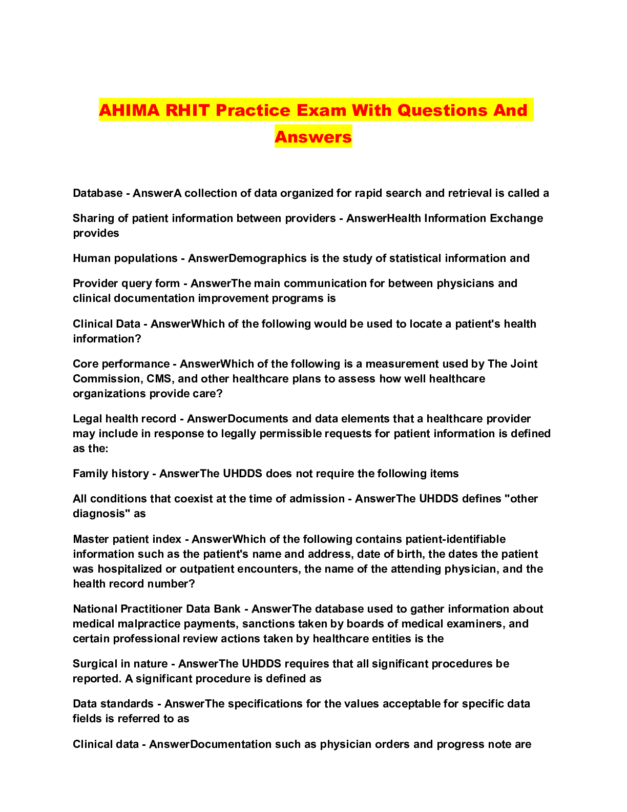 Preview of AHIMA RHIT Practice Exam With Questions And Answers